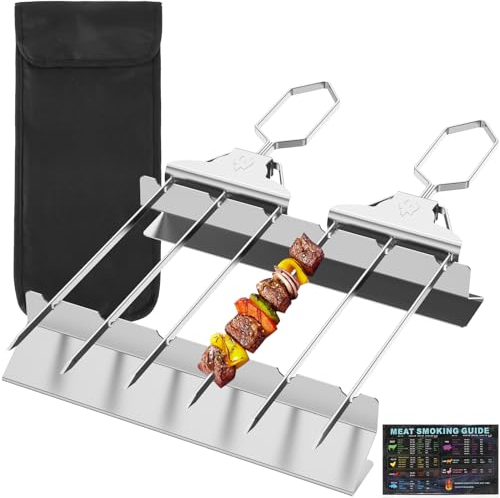 2Pcs 3 Way Kabob Skewers with Holder - Stainless Steel Grill Skewers 3 Prongs - Easy to Push Bar Slider Grill Sticks with Oil Brush & Storage Bag for Meat & Chicken