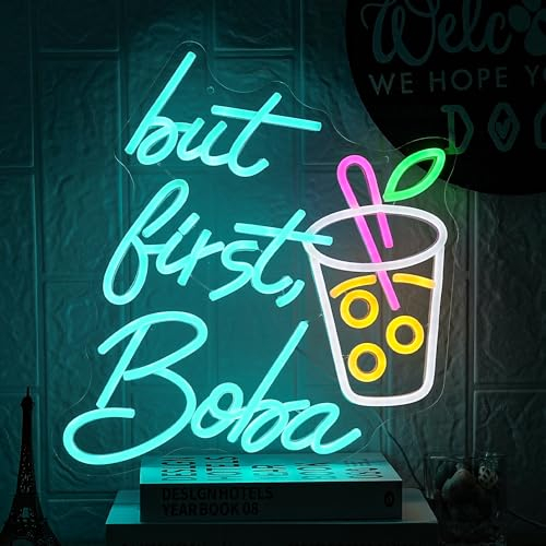 But First Boba Neon Sign Bubble Tea with Cup Neon Sign for Wall Decor Milk Tea Neon Lights Dimmable LED Neon Light Signs for Restaurant Coffee Dessert Shop Party(15.2 * 13in)