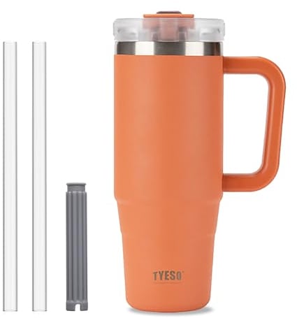 Klaraber Coffee Cup Travel Mug with Handle, 30oz Tumbler with Lockable Lid, Stainless Steel Vacuum Insulated Water Bottle with Straw, Leakproof & Portable Travel Cup for Hot and Cold Drinks (Orange)