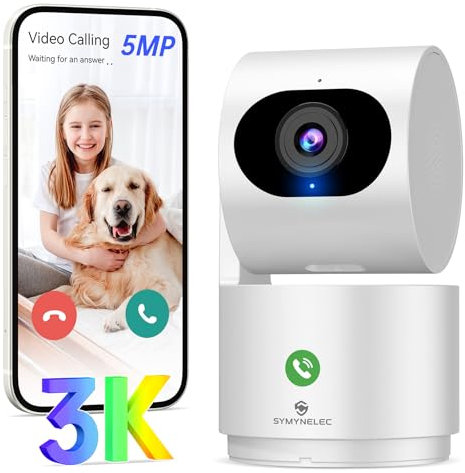 SYMYNELEC 3K 5MP Cámara Vigilancia WiFi Interior 2,4GHz, Cámara Vigilancia Bebe/Perro, Cámara de Seguridad 360° con Detección de Movimiento, Visión Nocturna, Audio Bidireccional, Compatible con Alexa