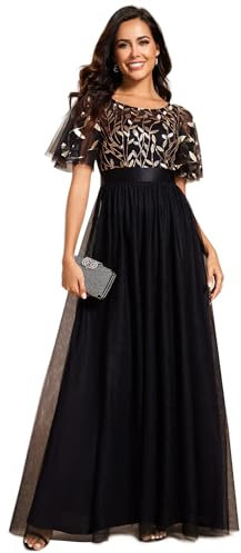 Ever-Pretty Women's Short Sleeve Embroidery Empire Waist A Line Floor Length Elegant Long Formal Evening Party Dresses Black Gold 24UK