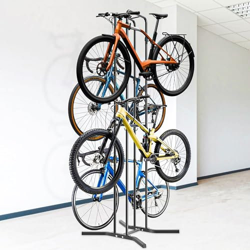 BeneLabel Bike Stand 4 Bikes, Heavy Duty Floor Garage Bicycle Rack MTD Freestanding Holder Stable Mountain Bike Storage with 8 Flexible Hooks for Adults / Kids Bike Parking / Storing, 220cm Height