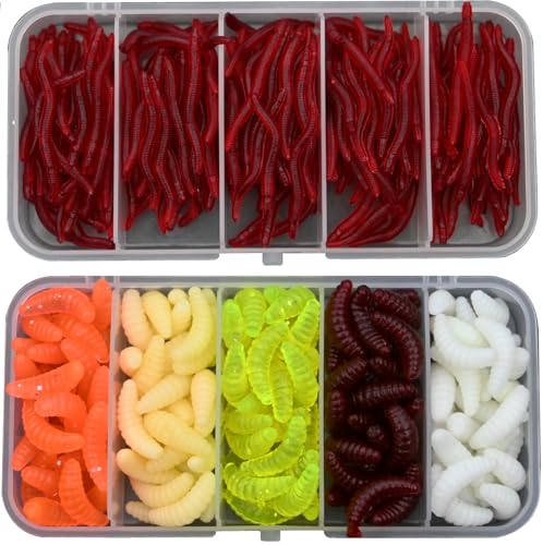 350 STK. Künstl. Köderwürmer, Angelset mit weichen Kunststoffwürmern, Regenwürmern & Mehlwürmern, ideales Gummi-Set für Forellenangeln, in Box - 150 Mehlwürmer + 200 kleine Regenwürmer