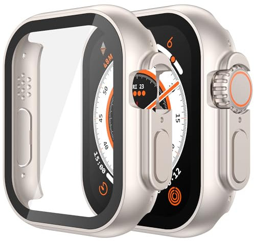 Misxi 2-Stück Hartes PC Hülle mit Displayschutz aus Gehärtetem Glas Kompatibel mit 49mm Apple Watch Ultra 2 (2024) and Ultra, Anti-Drop Kratzfestes Leichtgewicht Cover für iWatch, 2 Sternenlicht