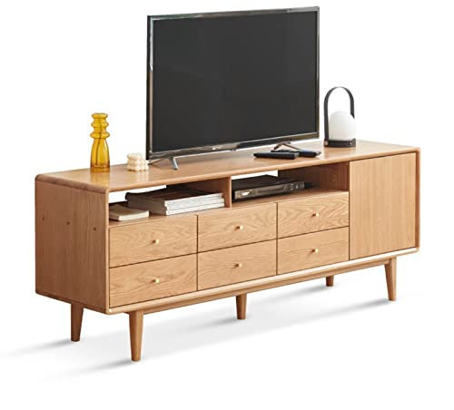 24 Tall TV Entertainment Center Stand, Modern Oak Storage Cabinet with Drawers and Open Shelves, Chest of Drawers with Brass Handles (Color : Walnut) (Natural One Size)