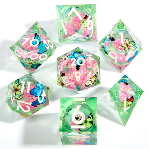 ORUZA 7 Stück Polyedrische DND Würfel Set Liquid Core D&D Würfel D4 D6 D8 D10 D12 D20 D% Schmetterling Treibsand Spielwürfel für Dungeons and Dragons RPG MTG Pathfinder Rollenspiele Spielwürfel