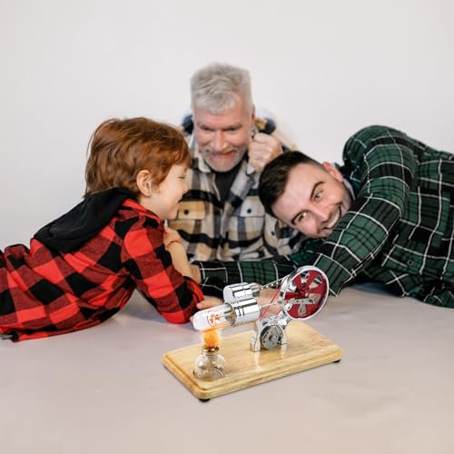 Stirling Engine, with Oak Base Plate and LED Lights Drip Molding Stirling Engine Kit for Educational Displays and Children's Entertainment (Silver)