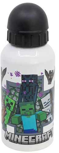 Stor Minecraft Aluminium Trinkflasche 400ml für Kinder - Wiederverwendbare Kinderflasche mit Sicherheitstrinktülle und Auslaufschutz - Leicht und Robust