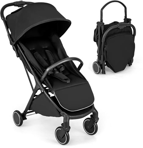 COSTWAY Kinderwagen klappbar, Reisebuggy mit Liegefunktion, Kinderbuggy tragbar mit verstellbarer Rückenlehne, Verdeck & Fußstütze, Babywagen mit Sicherheitsgurt bis 15 kg Belastbar (Schwarz)