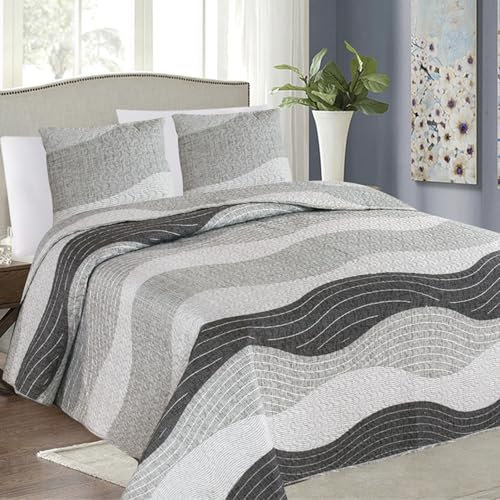 Euromat Tagesdecke Steppdecke Bettüberwurf Gesteppte Tagesdecke mit 2 Kissenbezüge 40x40 cm- (Schwarz Weiß Wellen- SY-7630, 220x240 cm)