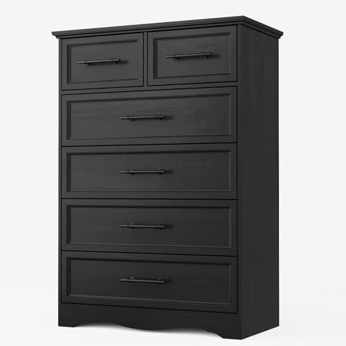 YANSNWO Black Farmhouse Dresser for Bedroom, Modern 6 Chest of Drawers, 44 Tall Chest of Drawers w/Brushed Metal Handle, Wood Closet Organizers and Storage Cabinet for Bedroom, Living Room, Hallway