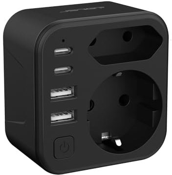 JSVER Adattatore Presa Inglese,Adattatore Spina Inglese Con 2 USB C e 2 USB A(3.4A,17W),Adattatore UK Con Spina Europea e Schuko,Adattatore Di Tipo G Adatto per Regno Unito,Irlanda,Dubai, Maldive-Nero