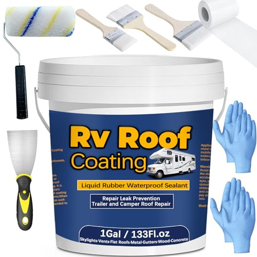 1Gal/133Fl.oz Liquid Rubber Rv Roof Coating White Waterproof Sealant Camper Roof Repair Solar Reflective Wooden Brush Putty Knife Nitrile Gloves Paint Roller Drywall Repair Tape