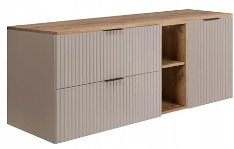 Rodan Bad Schrank Beige & Eiche Craft - Badezimmer Unterschrank mit 2 Soft-Close Schubladen - Badschrank mit ABS-Kanten, MDF-Korpus - Badezimmerschrank Modern und Widerstandsfähig 46 x 120 x 57 cm