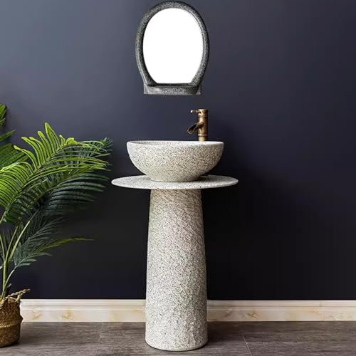 Lavabo de Salle de Bain Rond en céramique Moderne avec piédestal cylindrique et Un Trou de Robinet, lavabo sur Colonne autoportant, lavabo rétro avec,A-4 Piece Set