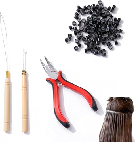 3 Pcs Professional Nano Beads Hair Extensions Kit - Includes 1 Extension Pliers, 2 Hair Pull Through Tools and 100 Silicone Nano Beads ﻿