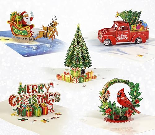 CUTPOPUP 5er-Pack Weihnachtskarten 2025, Pop Up Karte Weihnachten, Weihnachtskarte für Sie Ihn Ehefrau Ehemann Familie Sohn Tochter Mama (Christmas Joy) SET4DE