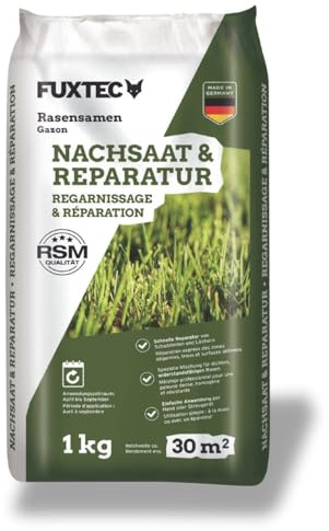 FUXTEC Semences de gazon FX-RSNR1 – Sursemis et réparation 1kg pour 30m² – Made in Germany - germination rapide et pelouse dense – mélange robuste pour soleil et mi-ombre – facile à épandre