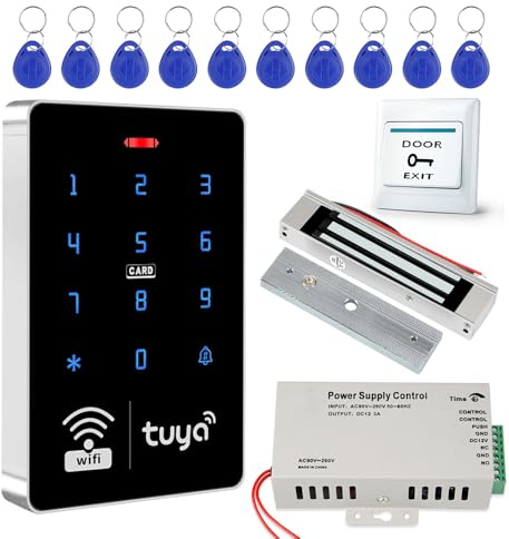 Access Control Kit,tuya remote unlock,350lbs Maglock,IP68 waterproof Keypad | Includes power supply, push button,10 125KHz RFID fobs.Dual-band Tuya smart control Keypad,180kg magnetic lock.Easy install