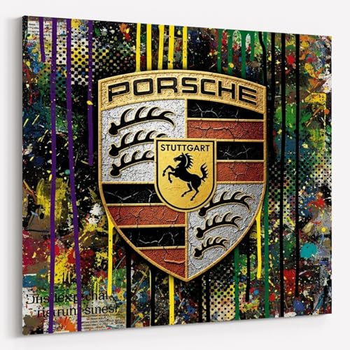 Dekomundo Ikonische Sportwagen Marken Leinwandbild für Garage, Männerhöhle, Wohnzimmer, Büro | Deko für Autofans | Exklusive Wandbilder, Pop Art Porsche, 60x60 cm