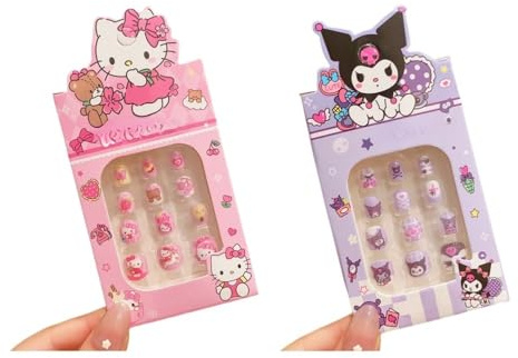 FEIFEI'S BOW 24Pcs 2 Pack Children Acrylic Fake Nails Press on Pre-glue Full Cover Glitter Color Rainbow Unicorn Mermaid Kids Stick On False Nail Art Kits Set Girls Birthday Gift (KURO 24pcs)
