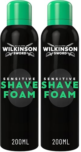 Wilkinson Sword Sensitive Shave Foam, Great Addition to Wash Bags for Men's Grooming, Shaving Foam for Men, Sensitive Skin, 200ml (Pack of 2)
