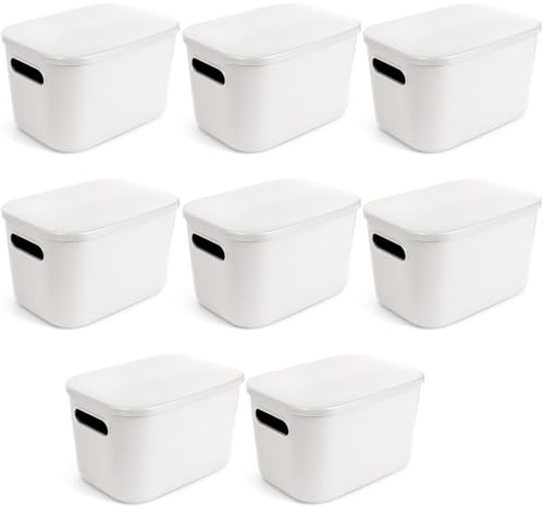 OGMBI 8er Set Weiße Kunststoff Aufbewahrungsboxen mit Deckel, 25 x 17,5 x 14,5 cm Stapelbare Aufbewahrungsbehälter mit Griff, Kunststoff Kisten für Regal, Schrank, Küche, Bad & Büro Organisation