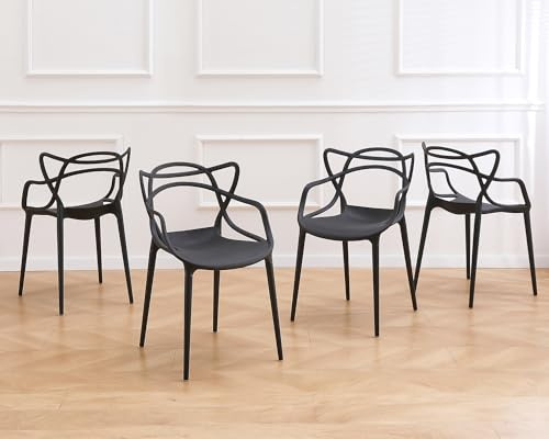 CHAIRABLE Moderne Esszimmerstühle aus Kunststoff (4er-Set) – Outdoor Küchenstühle mit Armlehne für Terrasse, Wohnzimmer, Balkon, Bistro & Garten – Schwarz