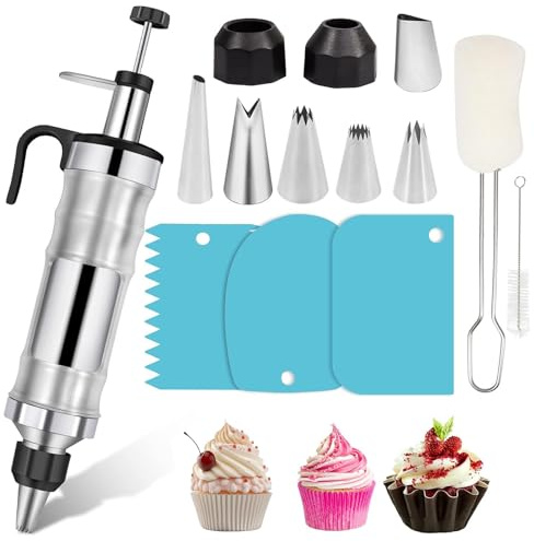 14PCS Dessert Decorating Syringe Set, Icing Piping Kit, Stainless Steel Cake Piping Kit with 6 Pipe Nozzles, Baking Decoration Kit for DIY Cupcakes and Dessert Decoration