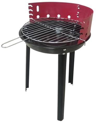 Friesenthal Standgrill Holzkohle – Rundgrill Rot/Schwarz mit Grillrost Ø 32 cm, höhenverstellbarer Grillrost & Windschutz, kompakter Holzkohlegrill für Balkon, Garten, Camping & Festivals