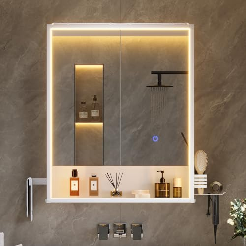 mojiasion LED-Spiegelschrank 60x78x18 cm, 2-türiger Badschrank mit Steckdose, Touch-Sensor & 3 dimmbaren Lichtfarben – inkl. Föhnhalter, Handtuchhalter & verstellbarem Einlegeboden – Weiß