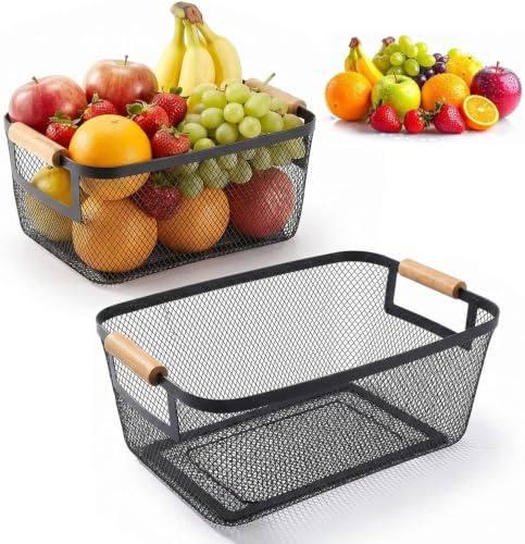 Dexpally 2 stück Drahtkorb Metallkorb Schwarz, Gitterkorb Netz-Metallkörbe Regalkörbe mit Holzgriffen für Küche Speisekammer Badezimmer Schlafzimmer