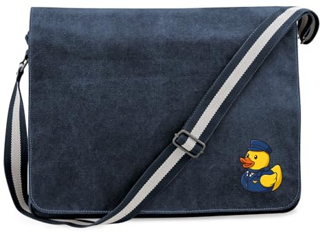Huuraa Umhängetasche Quietscheente Stewardess Gummiente Flugbegleiterin 14 Liter Vintage Navy Canvas Laptoptasche Geschenkidee