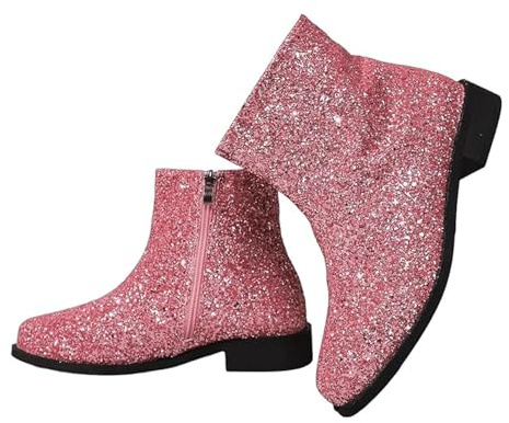 WXDTW Stivaletti da donna con glitter scintillanti, tacco basso grosso, con cerniera laterale, suola morbida, scarpe lucide, per serate, feste, balli studenteschi, matrimoni, rosa, 41 EU