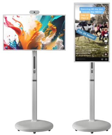 POCDUUA 32 Portable Smart TV with Touchscreen Display, 10500mah Mobile Portable TV Stand On Wheels, Smart Rolling Tablet TV Stand with Camera & Wireless Casting for Home, Office, Gym