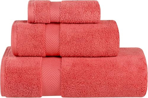 Superior Zero Twist 100% Cotton Towel Set, 3-Piece Set, Extra Soft Bath Towel, Face Towel and Hand Towel, Long-Staple Cotton Towels, Coral
