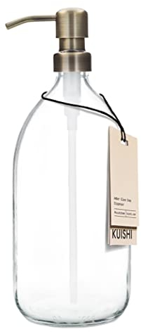 Kuishi Klarglas-Pumpflasche Spender [1000 ml, goldene Pumpe] Nachfüllbare Braunglas-Seifenspender Flasche mit Edelstahlpumpe, umweltfreundlich (BPA-frei)