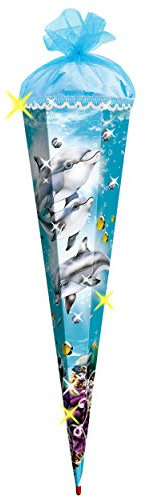 alles-meine.de GmbH mit 3-D Effekt - Glitzer + Paillettenborte ! Schultüte - Delfin - Fische & Unterwasser - 85 cm - eckig - Organza Abschluß - Zuckertüte - mit Holzspitz..