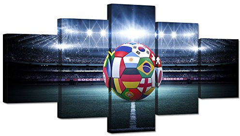 Hello Artwork Large 5 Pieces Canvas Wall Art Light Shining Soccer Ball Stadium Close Up Arena Soccer Field Championship Win Modern Wall Decor Stretched Gallery Canvas Wrap Giclee Print Ready To Hang