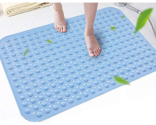 Bathsafe Extra Wide 90x60CM Non-Slip Soft Bath Mat Anti Slip TPR Shower Mat with Strong Suction Cups Non Skid Mats for Bathroom Toilet Hotel, Anti-Bacterial Safety Bathtub Mat,Blue