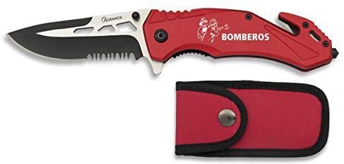 Navaja con grabado BOMBEROS roja Seguridad con funda 8,8 cm para Caza, Pesca, Camping, Outdoor, Supervivencia y Bushcraft Albainox 19908GR274 + Portabotellas de regalo