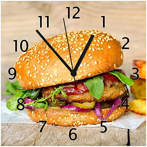 Wallario Design-Wanduhr Burger mit frischem Salat und Pommes aus Glas, Motiv-Uhr Größe 30 x 30 cm, Schwarze Zeiger