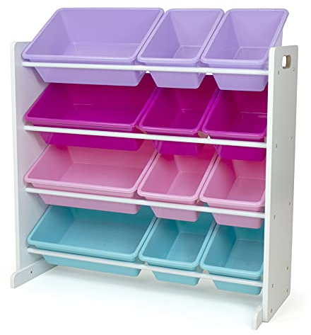 Humble Crew Toy Storage Organizer with 12 Removable Storage Bins for Kids Playroom, 4-Tier Toddler Toy Organization, White/Pink/Purple/Turquoise