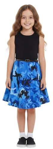 A2Z 4 Kids Girls Skater Dress Floral Belted Summer Party Dance - Skater Dress Camo Panel Blue 7-8