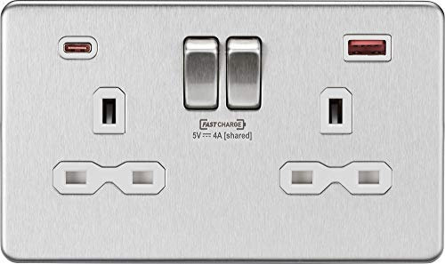 Knightsbridge SFR9909 Screwless Twin Switched Socket with Dual Fastcharge USB A+C Ports in Brushed Chrome with White Insert