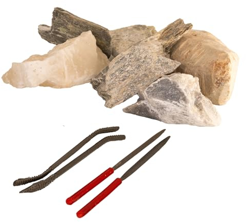artdee® Speckstein Set mit 2 Feilen und Raspeln – Specksteine (1 kg) und Werkzeug zum Schnitzen und Feilen – einfache Bearbeitung für Anfänger und Profis – Speckstein Schmuck kreieren