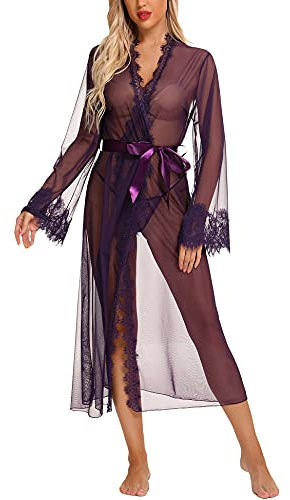RSLOVE Lingerie pour Femmes Robe Kimono Sexy Longue en Dentelle Chemise en Maille Robe en Dentelle Violet M
