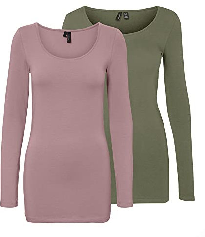 VERO MODA - Lot de 2 t-Shirts pour Femme - À Manches Longues, Rose/Vert (1 Rose en Bois et 1 Olive Dusty Olive), M