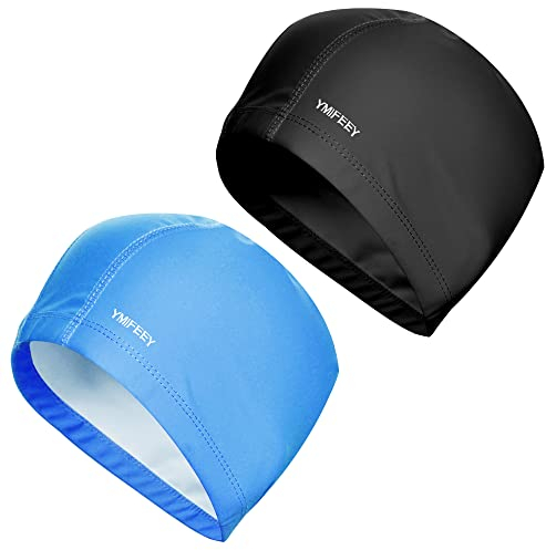 2 Stück Badekappe wasserdicht Bademütze PU Beschichtet Weiche Badehaube Ohrenschutz Schwimmhaube Schwimmkappe für Herren Damen Lange Kurzes Haar (Schwarz+Königsblau)