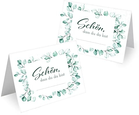 Tischkarten Hochzeit Geburtstag DIN A7 - Design Platzkarten zum Beschriften in vielen verschiedenen Designs (100x Stück, Eukalyptus Kranz)